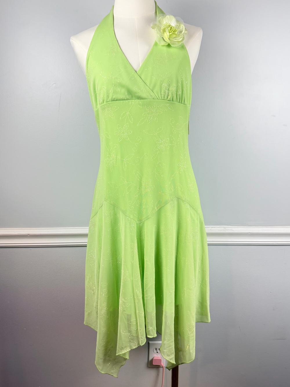 90s city triangles green fairy halter floral glitter dress size L